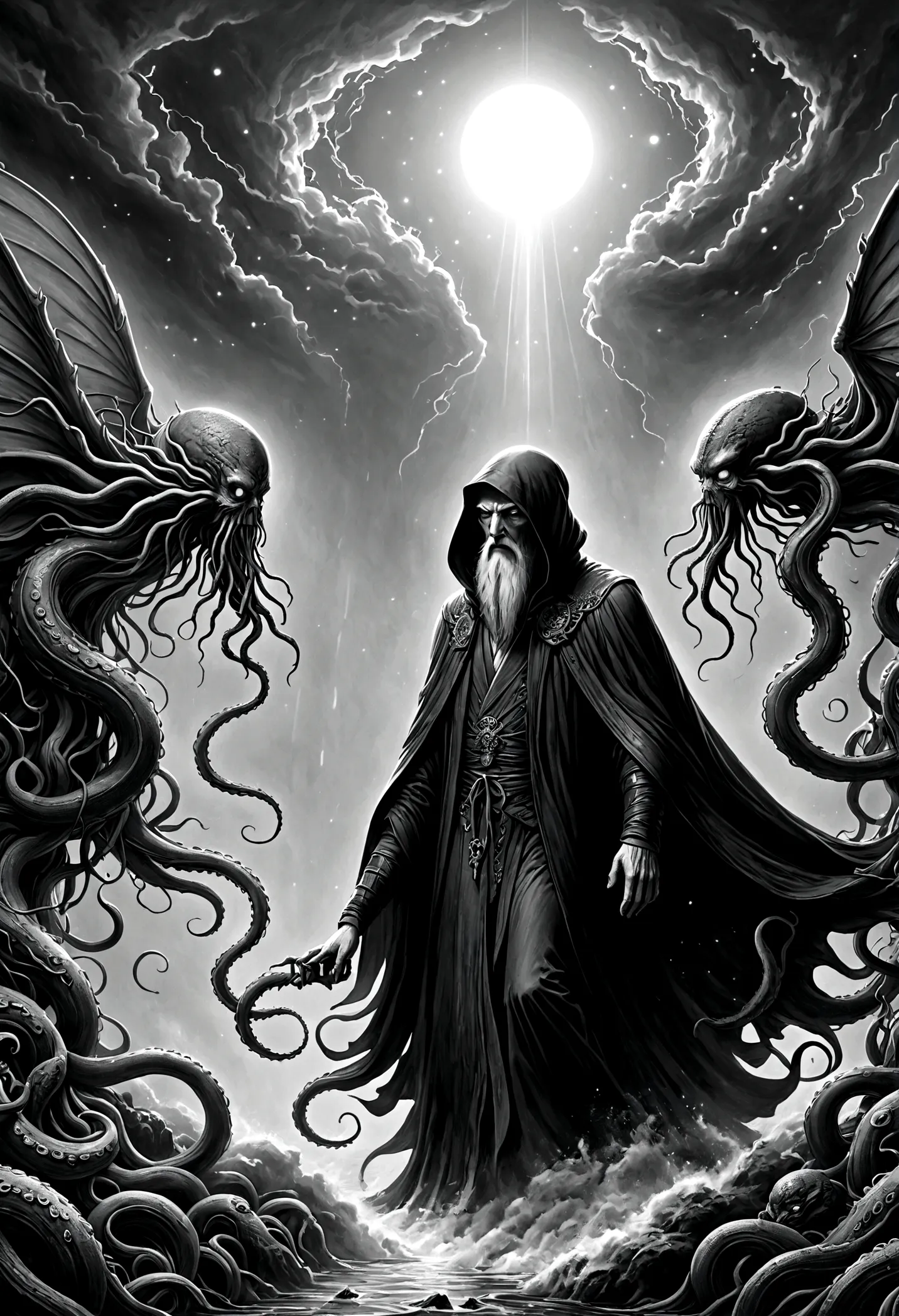 a terrifying ancient eldritch entity, cthulhu mythos, cosmic horror, long tentacles, wings, divine and demonic form, cloak, cont...