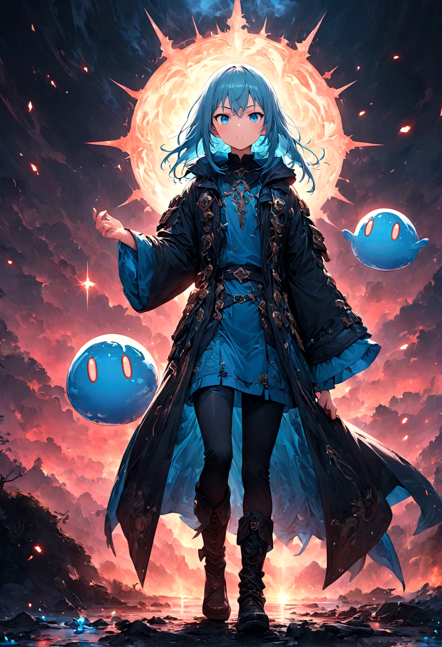 1 Teenager,Rimuru-Sturm,Create an image of Rimuru-Sturm from the manga and anime 'That Time I Got Reincarnated as a Slime'. Rimuru hat blaue Haare und blaue Augen, und wird oft in einem stilvollen Outfit dargestellt, wie ein schwarzer Mantel und Stiefel. Zeigen Sie ihm ein freundliches und ruhiges Verhalten, strahlt Stärke und Weisheit aus. Er kann sich in einer entspannten Standpose befinden oder gerade dabei sein, Magie anzuwenden., Mit selbstbewusstem Ausdruck. Der Hintergrund sollte eine Fantasiewelt darstellen, möglicherweise ein üppiger Wald oder eine wunderschöne Landschaft. Für Kampfszenen, beinhalten ein großes Schlachtfeld oder magische Effekte. Fügen Sie Spezialeffekte wie magische Energie hinzu, Licht, oder Wind, um seine Fähigkeiten hervorzuheben. HighLicht his aura and the dramatic atmosphere.,(Meisterwerk:1.3),(höchste Qualität:1.4),(Super detailliert:1.5),Hohe Auflösung,Sehr detailiert,Einheit 8k Hintergrundbild,