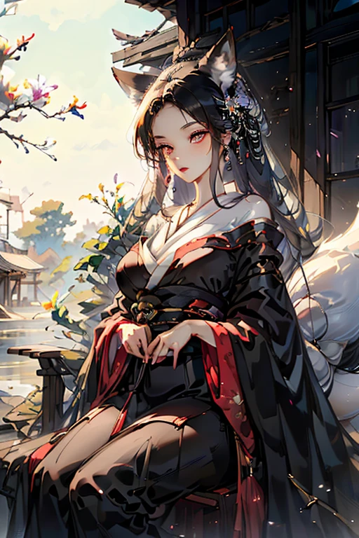 A black haired fox woman with violet eyes with an hourglass figure and black fox ears and a black fox tail in a pretty kimono is reading on a bench