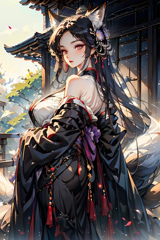 A black haired fox woman with violet eyes with an hourglass figure and black fox ears and a black fox tail in a pretty kimono is hiding her face behind a fan in the garden