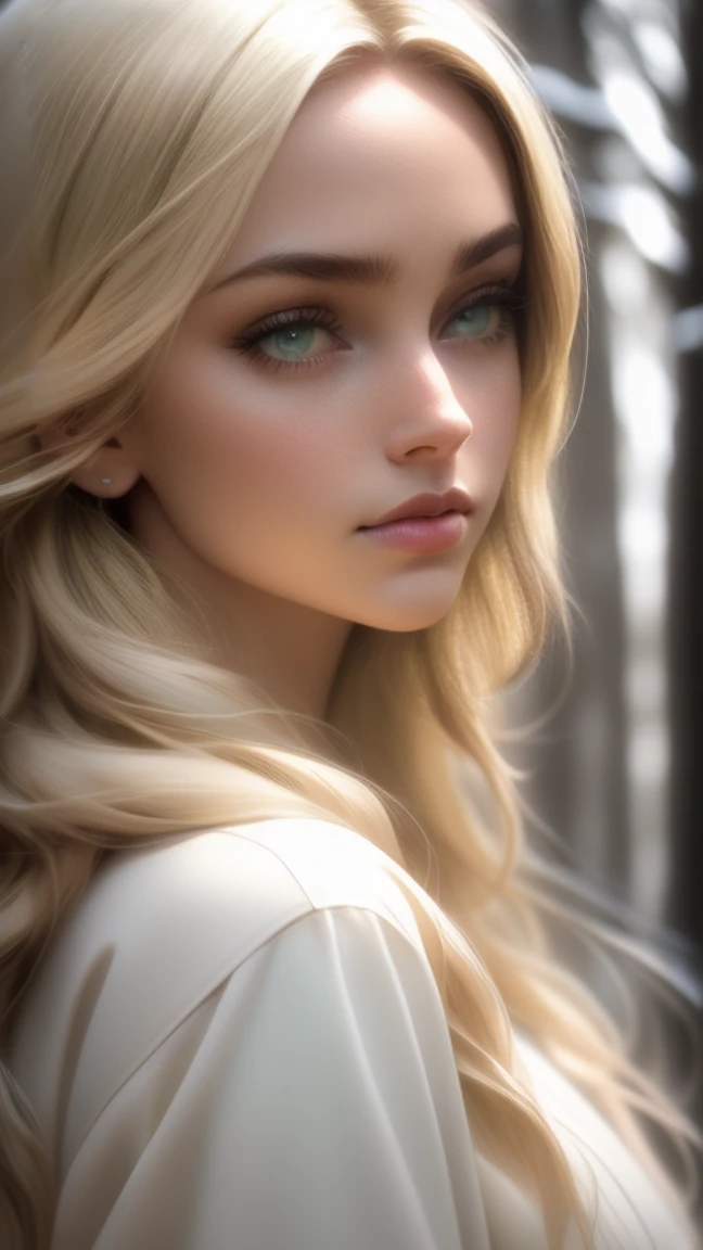 close up of a european woman, blonde hair, winter forest, natural skin texture, 24mm, 4k textures, soft cinematic light, RAW photo, photorealism, photorealistic, intricate, elegant, highly detailed, sharp focus, ((((cinematic look)))), soothing tones, insane details, intricate details, hyperdetailed, low contrast, soft cinematic light, dim colors, exposure blend, hdr, faded, full_body