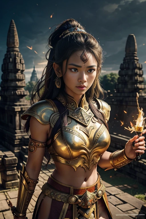 1female, a warrior female during the Majapahit kingdom era, with a sharp and brave gaze, wearing ancient Javanese war armor, southeast Asian female, portrait, Prambanan Temple in the background, ancient Javanese era, cinematic photography, (Warm Light: 1.2), (Firefly: 1.2), Lights, Intricate Details, Volumetric Lighting (Masterpiece: 1.2), (Best Quality), 8k, Ultra Detailed, (Dynamic Composition: 1.4), Rich in Detail and Color, (Glow, Atmospheric Lighting), detailed beautiful delicate face, detailed beautiful delicate eyes, a face of perfect proportion, clear skin texture, ultra-detailed body