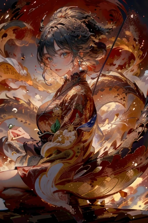 1 fille et 1 dragon,grand dragon rouge,elle porte un yukata,elle a une épée japonaise, Style japonais,cheveux noirs et cheveux longs