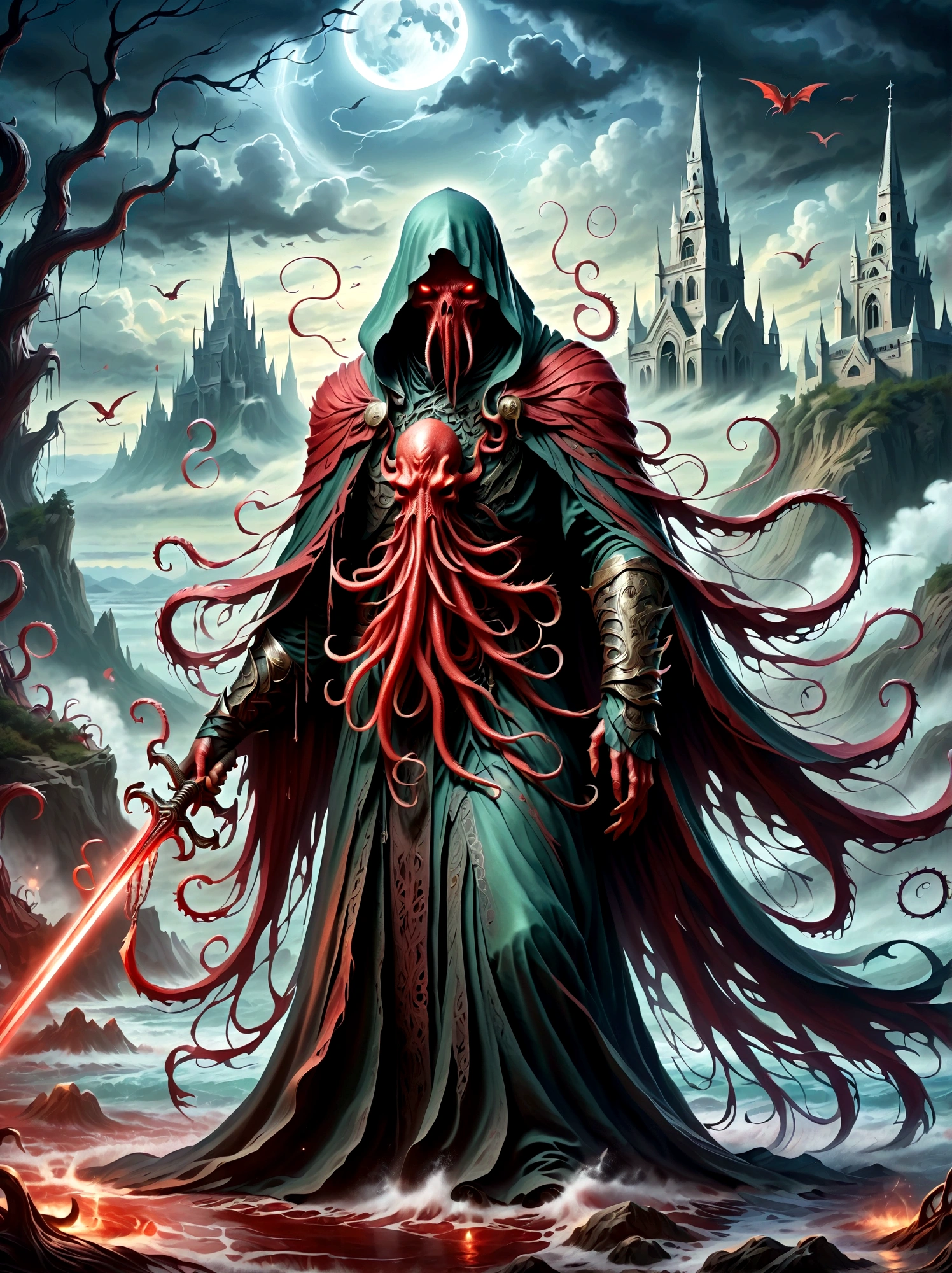 Bloody Cthulhu is extremely scary and weird，Cthulhu with sword，Mysterious Manzhu Shahua，bright门口盛开的血色鬼花，Blood-red tentacles guide the souls of the past，charm，Flirtatious，Strange，Gothic style，bright，Fantastic Creatures，Devilish scenery，Unforgettable environment，bright般的气氛，Wonderful lighting，Vibrant colors，Surrealism，Distorted anatomy，Nightmare Creatures，Glowing eyes，Strange shapes
