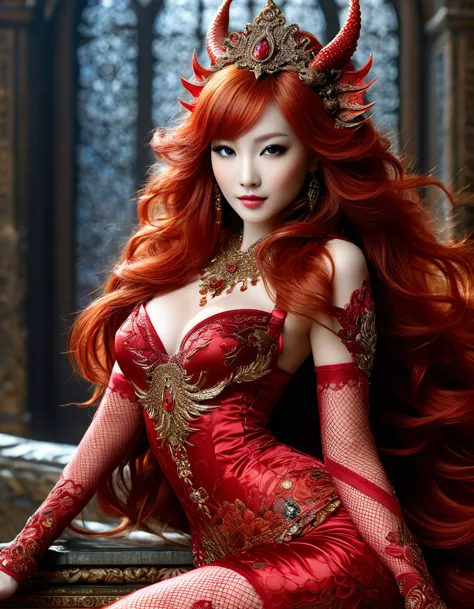 Sublime harpie asiatique belle et sensuelle, very long flamboyant red hair very detailed, jambes longues et sublime, romantique ...