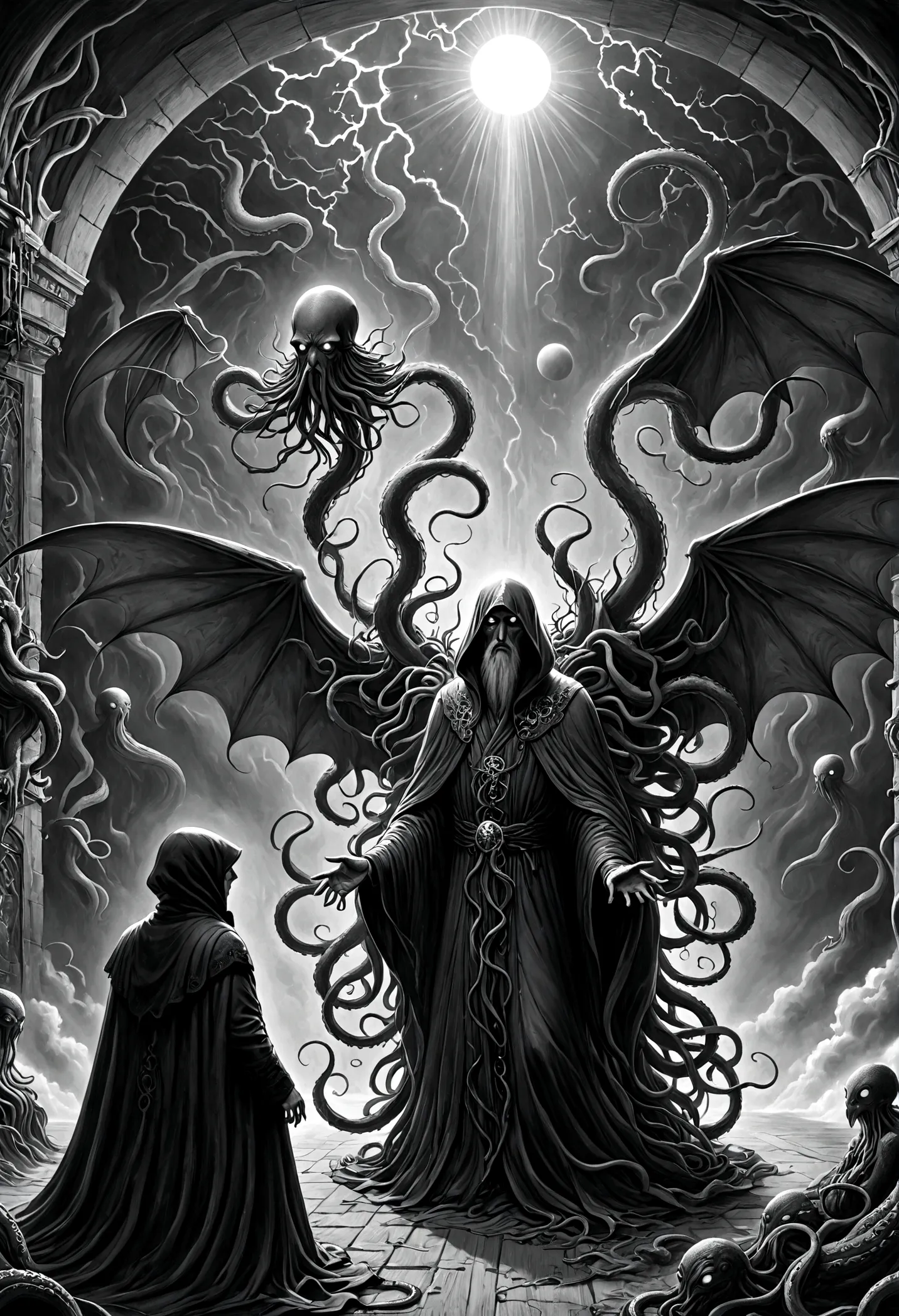 a terrifying ancient eldritch entity, cthulhu mythos, cosmic horror, long tentacles, wings, divine and demonic form, cloak, cont...