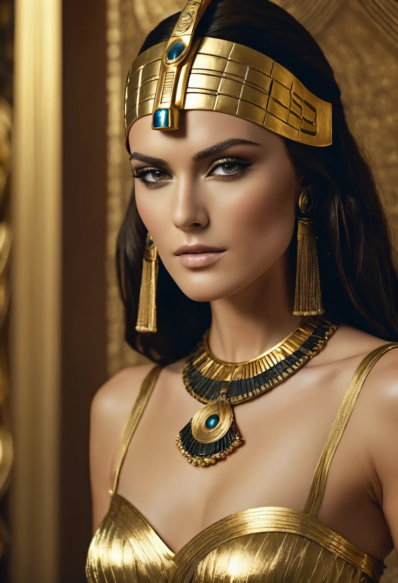Gorgeous cleopatra, provoking figure, attractive figure, erotic and sensual Egyptian costumes, insane details, thick attractive figure, bulky figure, egyptian princess, cinematic goddess close shot, cleopatra, extremely beautiful lady, cinematic goddess body shot, cleopatra portrait, goddess, stunning beauty, extremely high detail, egyptian, cleopatra in her palace, cinematic goddess shot, egyptian style, extremely detailed goddess shot, beautiful goddess, cinematic portrait, professional cinematography, As an Egyptian, Keira Knightley Beautiful and stunning pharaoh Keira Knightley, portrait of Cleopatra, uhd, 8k, 32k, detailed, intricate, sharp Beauty, high definition, cinematic perspective, faultless image, background of ancient EgyptA close-up of a woman wearing a gold dress and an Egyptian mask, a cinematic portrait, expert cinematography, crazy details, an Egyptian princess, a close-up of a cinematic goddess, cleopatra, an incredibly beautiful lady, and a cinematic goddess body