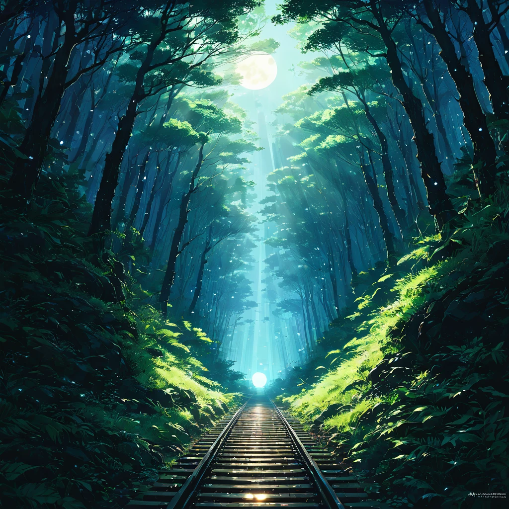 midnight, Minecart, Line, tunnel, darkness, Light, exit, Star, moon, silhouette, forest, wood々, Silence, sound, Rumble, wind, Cold air, Tension, Expectation, adventure, unknown, mysterious,beautiful アニメのwind景, wind景画, Beautiful digital painting, andreas rocha, Beautiful artwork illustration, Awesome Wallpapers, Raymond Han, Tall beautiful paintings, Studio Greeble Makoto Shinkai, Beautiful Wallpapers, アニメのwind景