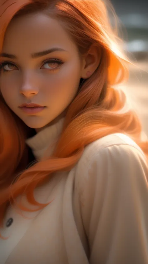 close up of a european woman, orange hair, winter beach, natural skin texture, very detailed skin texture, tanned skin, 24mm, 4k...