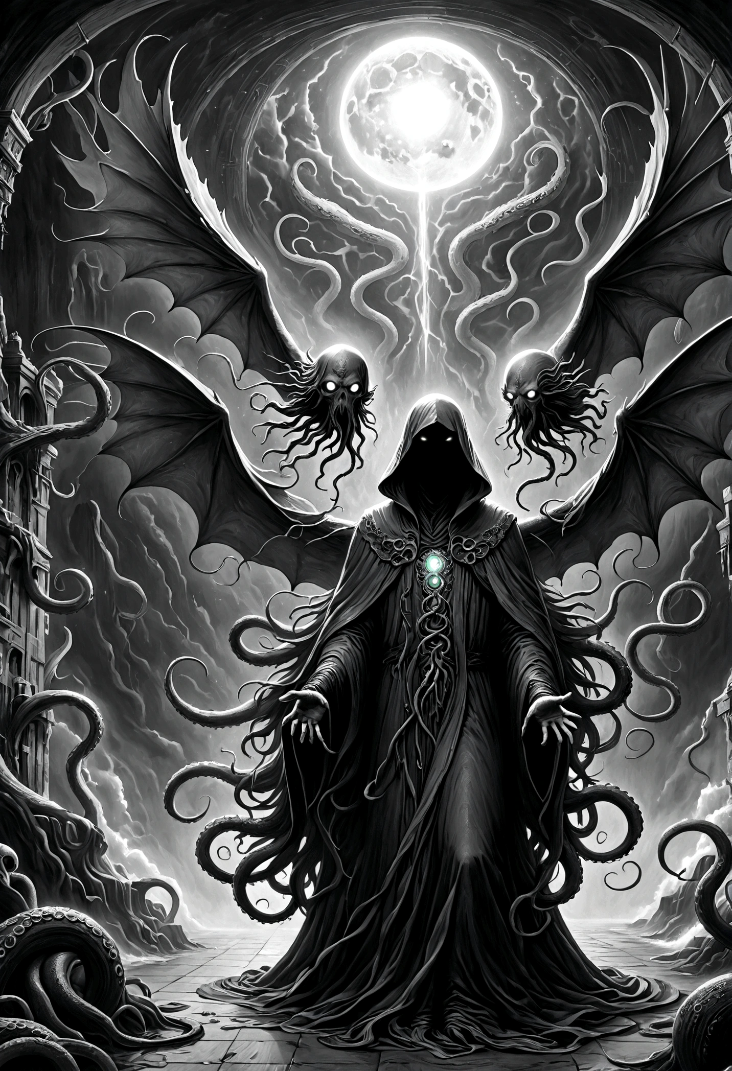 a terrifying ancient eldritch entity, cthulhu mythos, cosmic horror, long tentacles, wings, divine and demonic form, cloak, contrast, relativity, quantum mechanics, abyss, nightmarish existence, insane, bizarre, dark moody atmosphere, cinematic lighting, dramatic shadows, muted colors, chiaroscuro，Transition from black and white on the left half to bright colors on the right half，Ensure seamless integration between the two halves，No dividing line，The scene is the same on both sides，Black and white pencil detail on left side，Right fill color，The mixture formed in the whole image，Perfect details, animation art style, Large murals, Strong contrast between light and dark