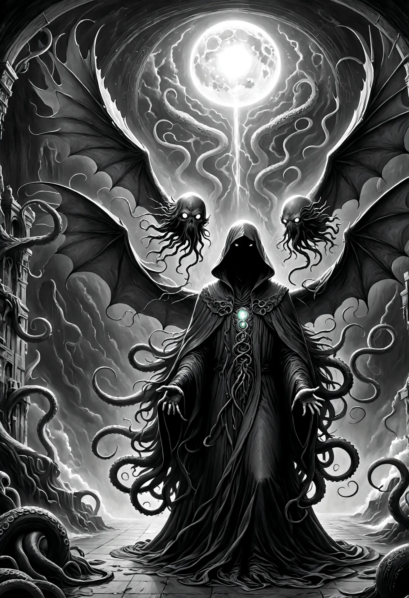 a terrifying ancient eldritch entity, cthulhu mythos, cosmic horror, long tentacles, wings, divine and demonic form, cloak, cont...