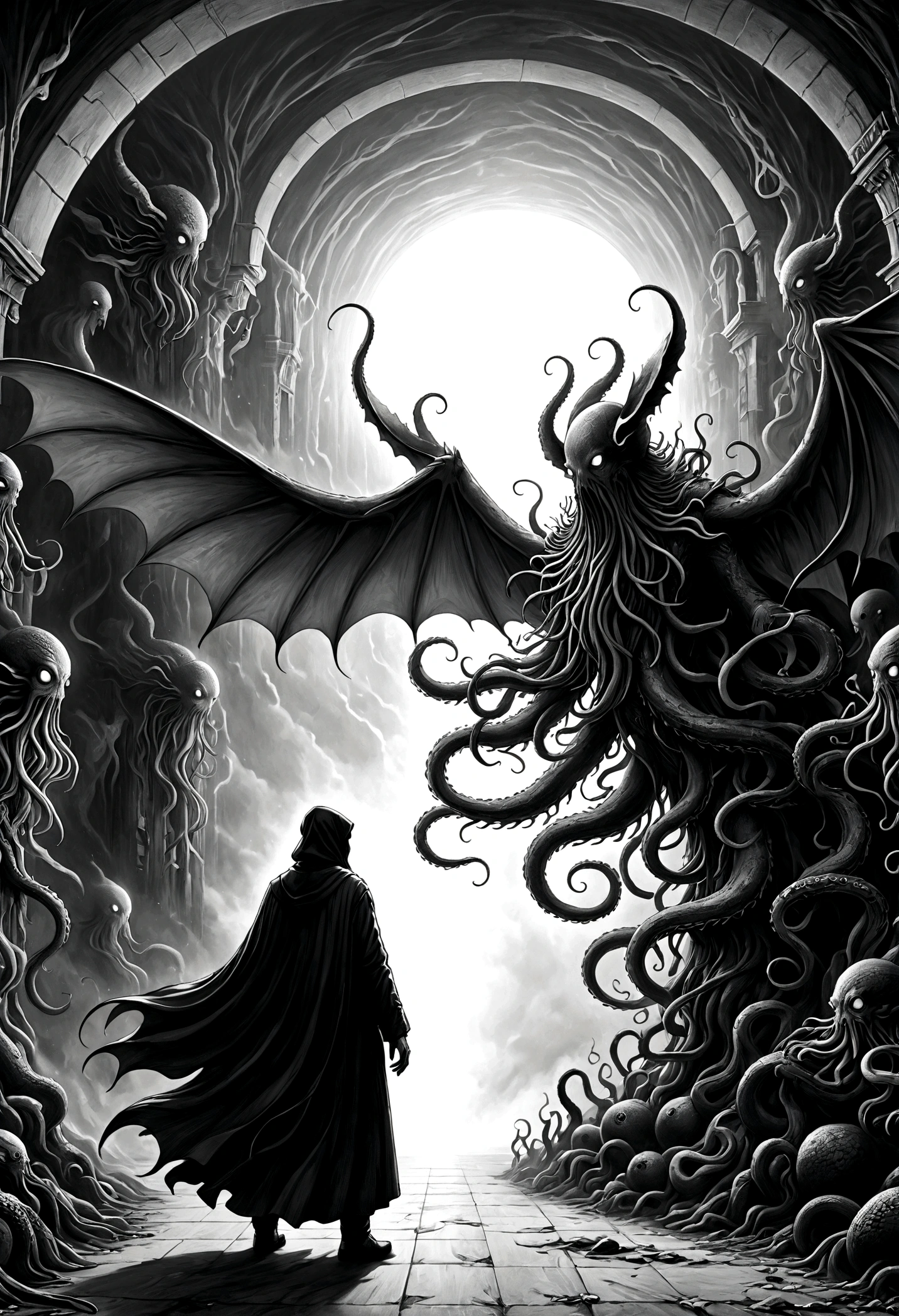 a terrifying ancient eldritch entity, cthulhu mythos, cosmic horror, long tentacles, wings, divine and demonic form, cloak, contrast, relativity, quantum mechanics, abyss, nightmarish existence, insane, bizarre, dark moody atmosphere, cinematic lighting, dramatic shadows, muted colors, chiaroscuro，Transition from black and white on the left half to bright colors on the right half，Ensure seamless integration between the two halves，No dividing line，The scene is the same on both sides，Black and white pencil detail on left side，Right fill color，The mixture formed in the whole image，Perfect details, animation art style, Large murals, Strong contrast between light and dark