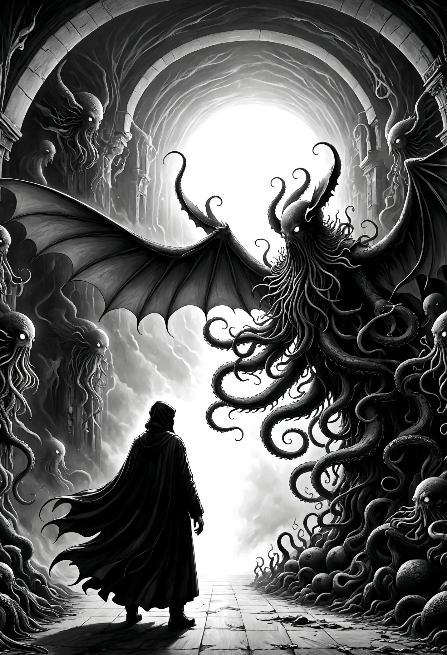 a terrifying ancient eldritch entity, cthulhu mythos, cosmic horror, long tentacles, wings, divine and demonic form, cloak, cont...