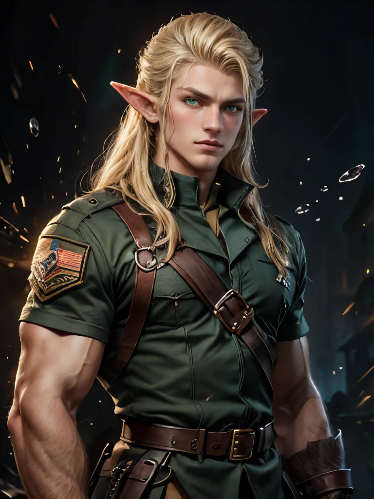 (masterpiece), best quality, high quality, (1male), adult male elf, pointy ears, handsome, blonde hair, long hair, green eyes, military clothes, looking at viewer, upper body, splash art, rpg, intrincate, (muscular male:0.9),
