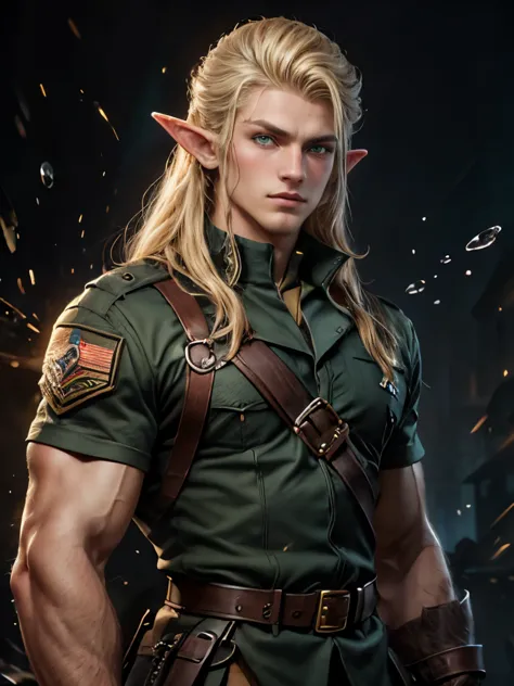 (masterpiece), best quality, high quality, (1male), adult male elf, pointy ears, handsome, blonde hair, long hair, green eyes, m...