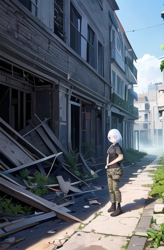 (masterpiece, highest quality, detailed), One girl, alone, View Viewer, diamond, Multicolored Hair, Variegated eyes,
Wear camouflage_uniform, Remains, Overgrown, rubble, Pillar, Outdoor, building, light, fog, Put your hands in your pockets, Expressionless