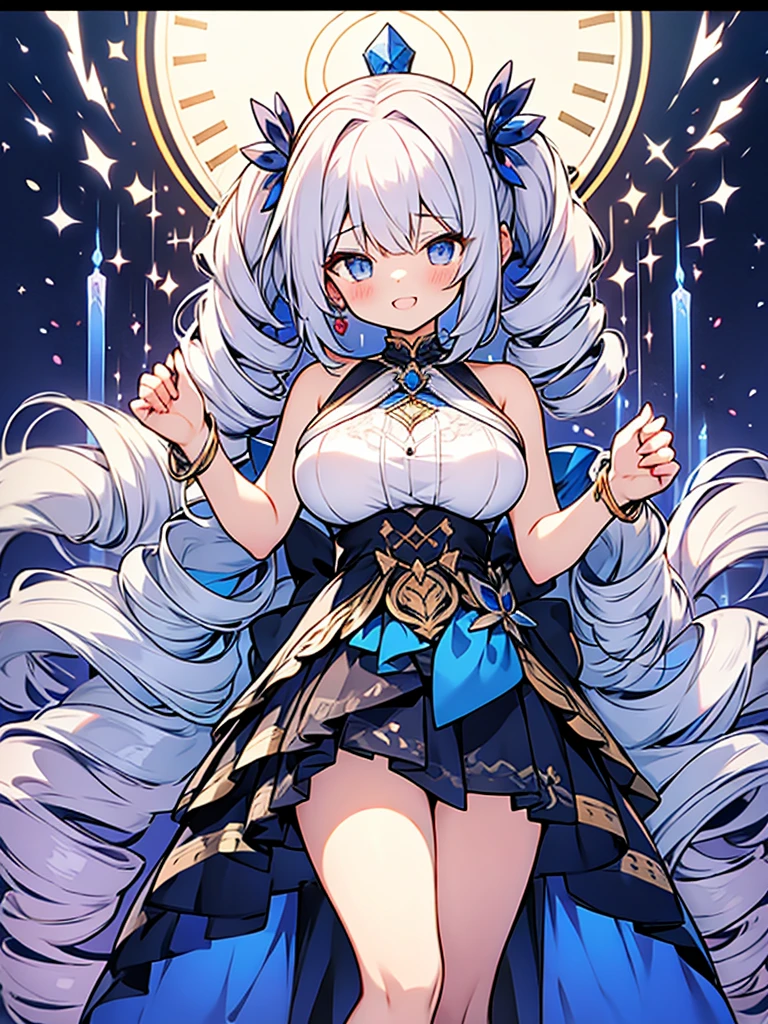 déesse de l&#39;amour et de la guerre,argent gros volume ultra long (((foret double à boucles larges))) cheveux,seins incroyablement gros,Robe Lapis-Lazuli,rire,fille loli hyper kawaii,