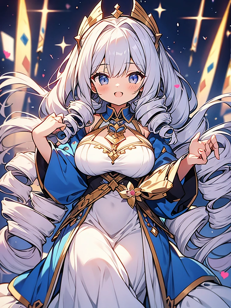 diosa del amor y la guerra,plata gran volumen ultra larga (((broca doble de rizo ancho))) cabello,senos increíblemente grandes,Vestido Lapislázuli,reír,chica loli hiper kawaii,