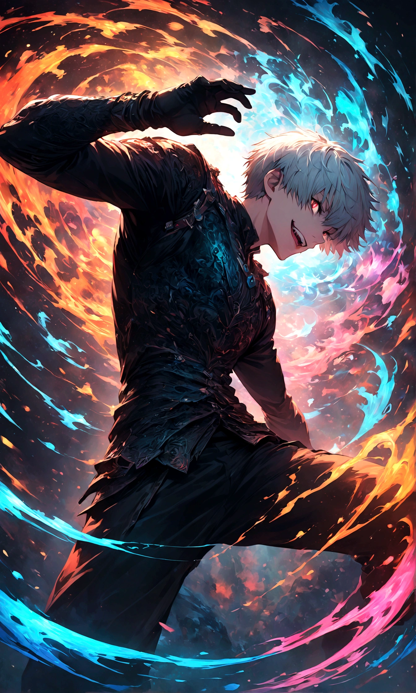 1 homem,Kaneki,Ghoul de Tóquio,,Estilo de pintura de Sui Ishida,Detalhes intrincados,Use preto e branco como cores principais,decadente,obra de arte,Renderização,pose dinâmica,(Obra de arte:1.3),(mais alta qualidade:1.4),(ultra detalhado:1.5),alta resolução,extremamente detalhado,papel de parede da unidade 8k,fantasia negra,Brilho,estilo de batalha,sorriso louco,emaranhado,Melhor equilíbrio de cores,