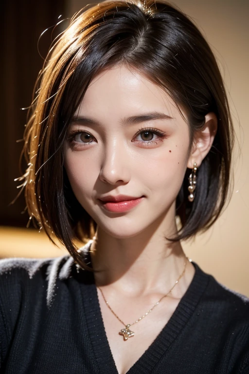 ((8k, highest quality, masterpiece、Realistic、Ultra-high resolution))、((Japanese women))、((Black Short Hair))、(Small breasts)、(((Eye corners are((one))mole)))、((Face is golden ratio))、Beautiful Face、Beautiful Eyes、Delicate face、Glamorous face、Beautiful face、Beautiful nose、Sexy face、Sexy lips,Well-textured skin、smile、((From the stomach up))、hair cut、Sweater Necklace、Earrings