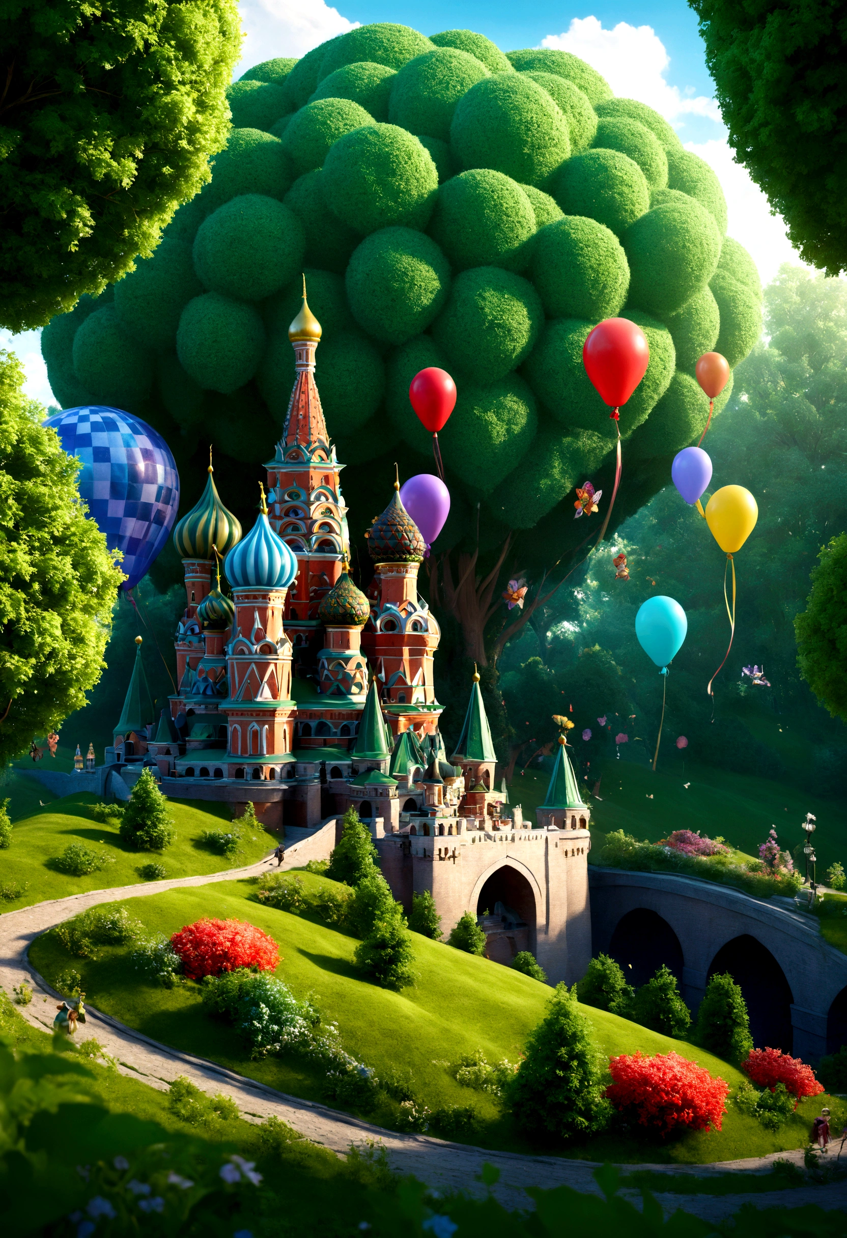 Stunning three-dimensional image, depth of field f0.95, a small fairy-tale world imitating fairy-tale Moscow among magical green fairy-tale trees and bright magical flowers, a fairy-tale world looks like little Moscow with its details and its fairy-tale world, colorful balloons fly up in this small fairy-tale Moscow and an atmosphere of celebration and magic reigns, realistic, magical, in detail