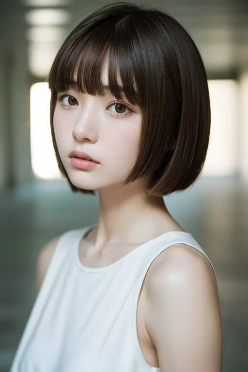 1 girl、22 years old、Brown hair、Straight Bangs、Bob Cut Hair、Concrete walls and floors、Transcendental Silence、Depth of written boundary、White top、Absurd、Hmph、Ultra-detailed illustrations、Highly detailed face、Raw photo、Film Grain、deviantart Trends