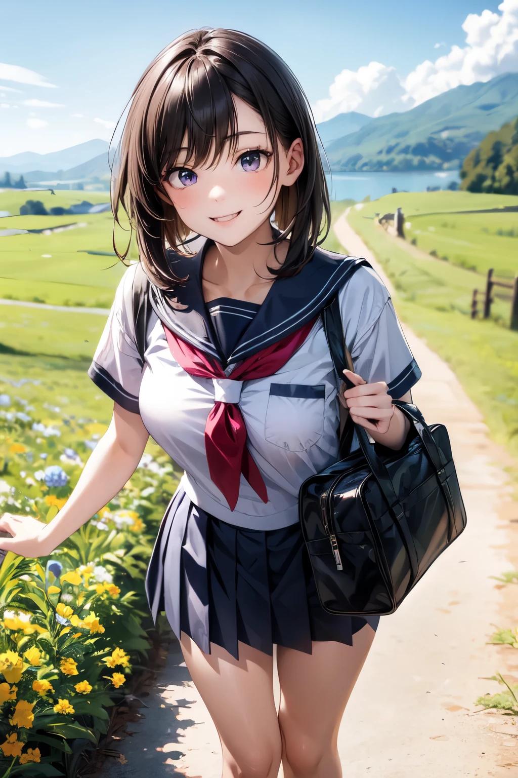 Anime girl in a short skirt and a shirt posing for a picture - SeaArt AI