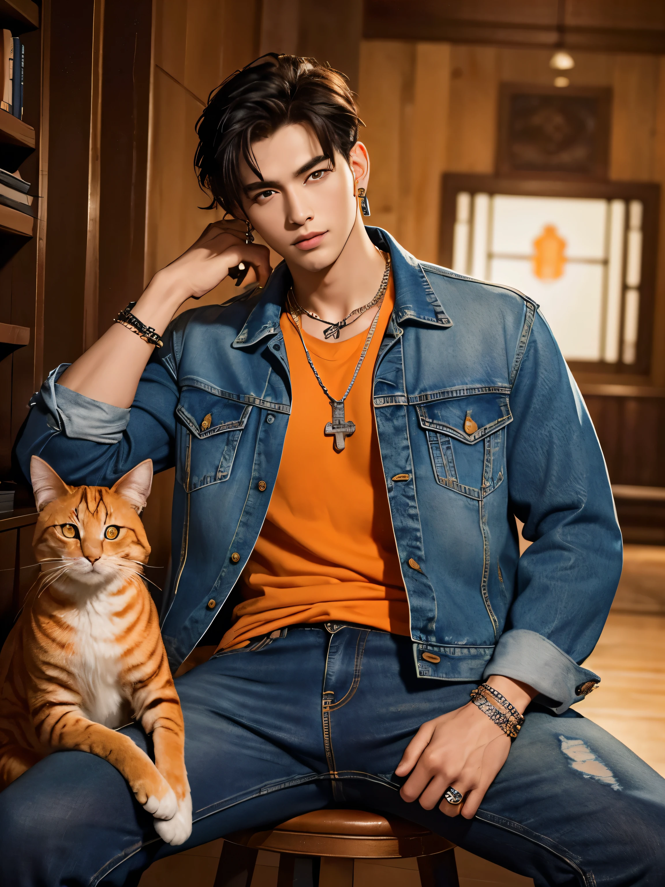 Masterpiece, complicated details, (((handsome young boyอายุ 30 ปี))), rocker denim jacket, Jeans, leather bracelet, wire necklace, big earrings, Araffi and an orange cat sat on a man&#39;s lap., Inspiration from Zhang Han, Inspired by Adam Dario Kiel, Who is Xi Wu?, realistic. Cheng Yi, Inspiration from Yan Juncheng, Handsome face and beautiful face, Inspired by Kim Hwan Ki, Inspiration from Kim Eung Hwan, Yanjun Chengt, Cai Su Kun, Inspiration from Zhou ChenMasterpiece, complicated details, handsome young boy, rocker denim jacket, Jeans, leather bracelet, wire necklace, big earrings, Posing against the mirror, Black hair, big black eyes, holding an orange cat. มีorange tabby catMasterpiece, complicated details, ((handsome young boy holding an orange cat)), rocker denim jacket, Jeans, leather bracelet, wire necklace, big earrings, Black hair, big black eyes, orange shirt, holding an orange cat, Araffi and a white cat sitting on a man&#39;s lap., Inspiration from Zhang Han, Inspired by Adam Dario Kiel, Who is Xi Wu?, realistic. Cheng Yi, Inspiration from Yan Juncheng, Handsome face and beautiful face, Inspired by Kim Hwan Ki, Inspiration from Kim Eung Hwan, Yanjun Chengt, Cai Su Kun, Inspiration from Zhou ChenMasterpiece, complicated details, handsome young boy, rocker denim jacket, Torn Jeans , leather bracelet, wire necklace, big earrings, Black hair, big black eyes, holding an orange cat. ((orange tabby cat))Masterpiece, complicated details, handsome young boy, (((Rocker Tattered Denim Jacket, Torn Jeans))), leather bracelet, wire necklace, big earrings, Long black hair, big black eyes, orange shirt, holding an orange cat, blackground is sunrise on the green meadow