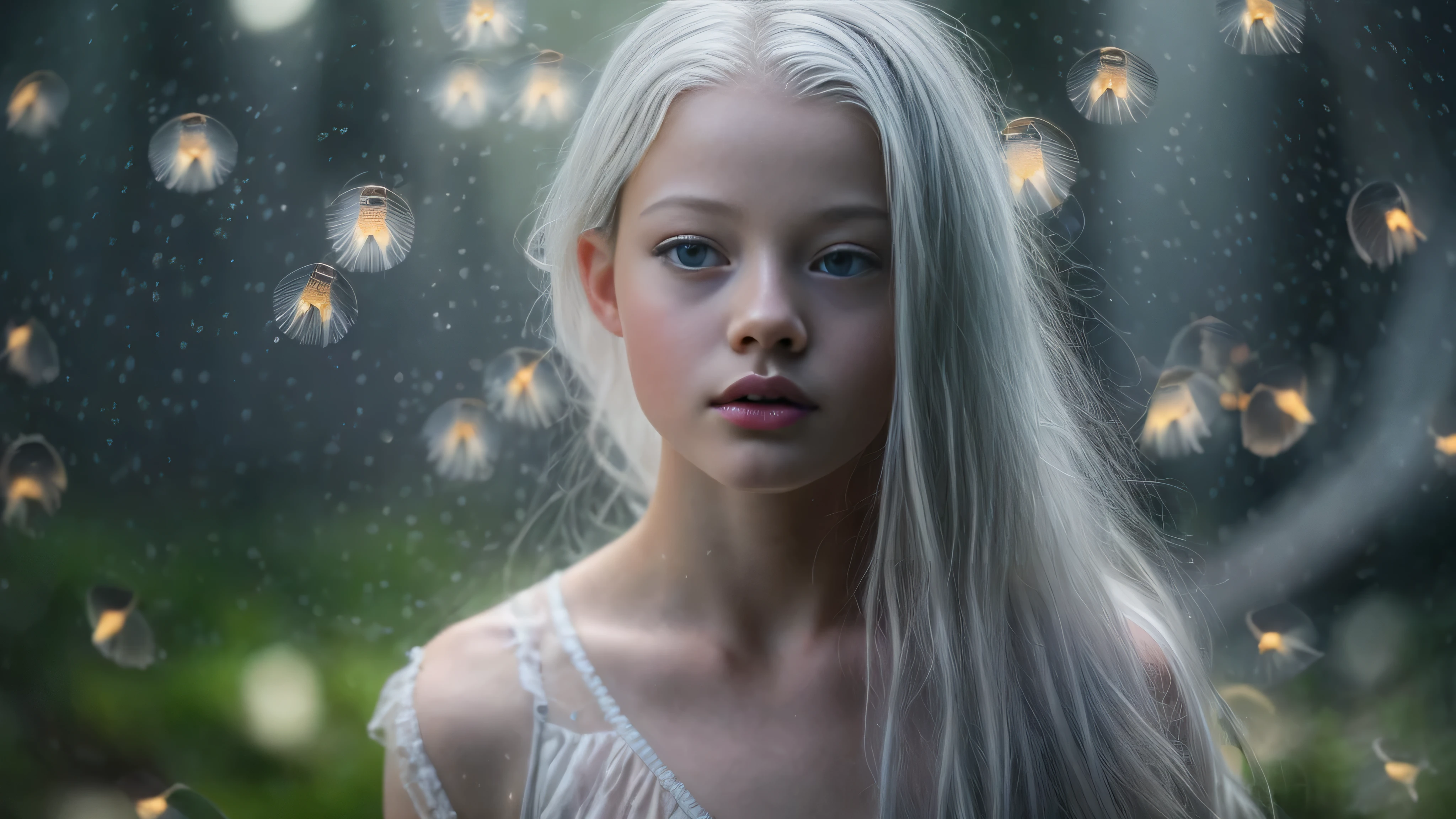 A close up of a young girl with long white hair - SeaArt AI