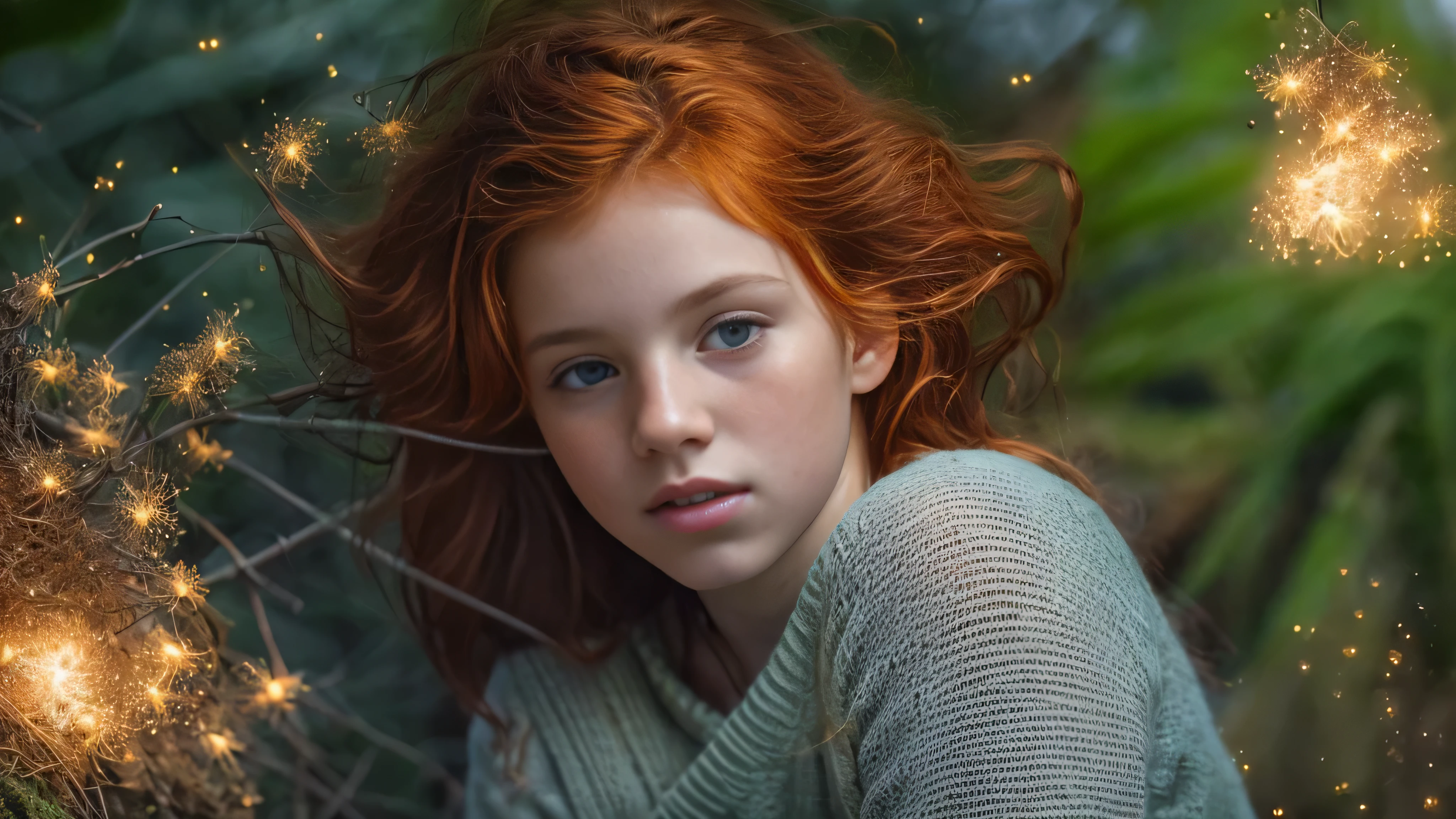 (Laia Manzanares teen, ginger hair, 13 years old with spread legs:1.5), (long, messy hair:1.3), blue eyes,  (fireflies:1.4) detailed eyes, detailed lips, (lies nude, sensual, full body:1.5), (photo from many different angles:1.5), (creepy and scary indoor place, abandoned with fog and fog, snow, green moss: 1.3), low neck, ray tracing, (best quality, 4k, 8k, high resolution, masterpiece:1.2), very detailed, (realistic , photorealistic, photorealistic :1.37), HDR, UHD, masterpiece, professional, vivid colors, bokeh, studio lighting