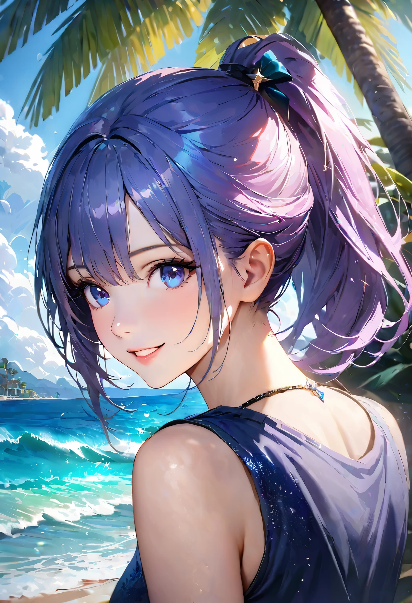 Sparkling sea and tropical ocean, Sunny sky with fluffy white clouds, Palm trees along the coast, Blur the background,Pleasant sea breeze,High school girls,ponytail,smile,Glitter effect,highest quality, 4K, 8k, High resolution, masterpiece:1.2, Very detailed, Realistic:1.37, High resolution, 超High resolution, Ultra-fine painting, Sharp focus, Physically Based Rendering, Very detailedな説明, Professional, Vibrant colors