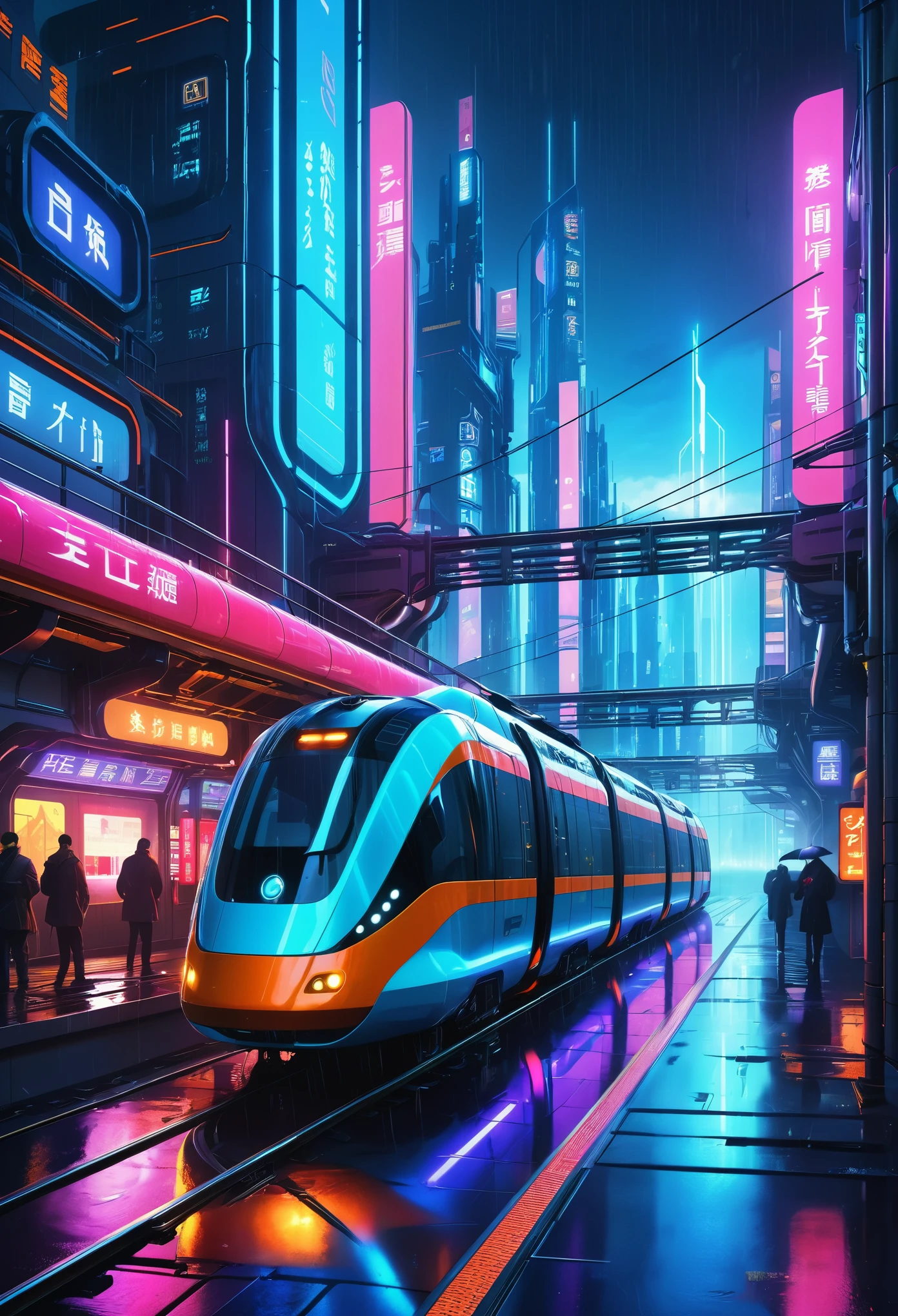 ((masterpiece)),((best quality)),((High Detail)),((Practical,)) Future Era City, architecture街道, futuristic train line, Cyberpunk, architecture, night, european city, rain, neon