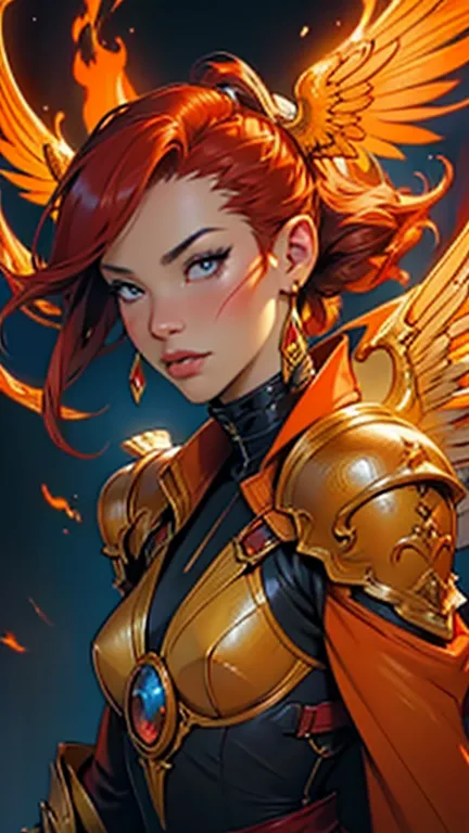 A close up of a woman with a fire and flames on her body, with fiery golden wings of flame, with fiery golden wings, epic fantas...