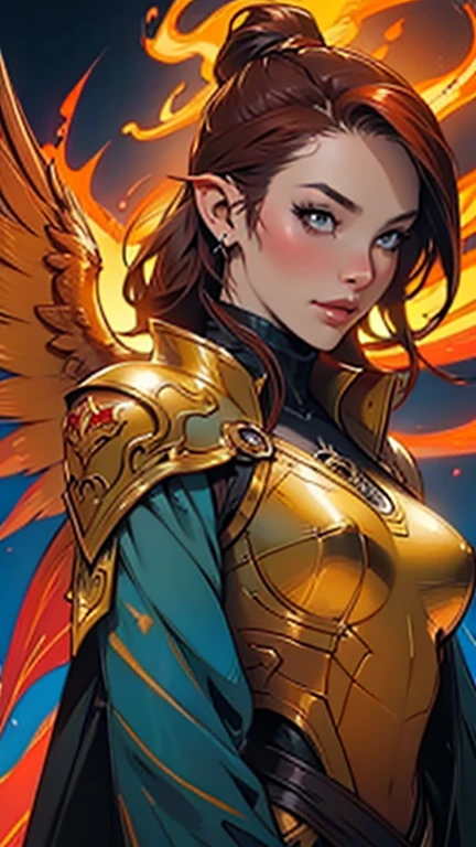 A close up of a woman with a fire and flames on her body, with fiery golden wings of flame, with fiery golden wings, epic fantasy art style, concept art | artgerm, phoenix warrior, extremely detailed artgerm, epic fantasy digital art style, female lord of change, full portrait of elementalist, epic exquisite character art