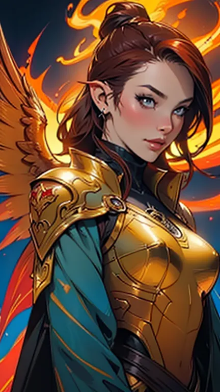 A close up of a woman with a fire and flames on her body, with fiery golden wings of flame, with fiery golden wings, epic fantas...