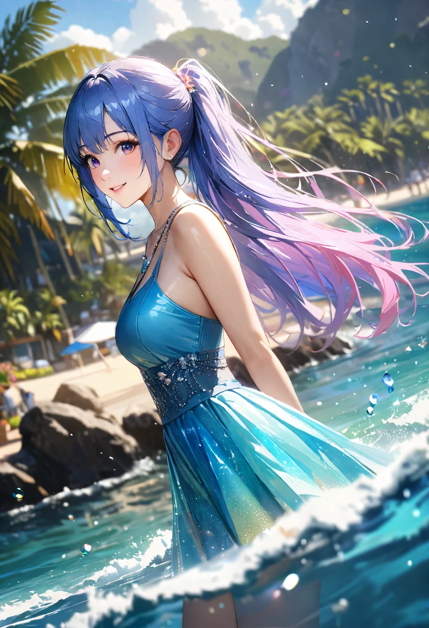 Sparkling sea and tropical ocean, Sunny sky with fluffy white clouds, Palm trees along the coast, Blur the background,Pleasant sea breeze,High school girls,ponytail,smile,Glitter effect,highest quality, 4K, 8k, High resolution, masterpiece:1.2, Very detailed, Realistic:1.37, High resolution, 超High resolution, Ultra-fine painting, Sharp focus, Physically Based Rendering, Very detailedな説明, Professional, Vibrant colors