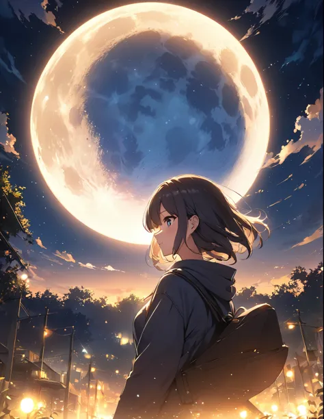 (masterpiece:1.2),(anime),Big moon in the background、Night Sky、Girl watching the moon、cute、The girl is illuminated by the moonli...