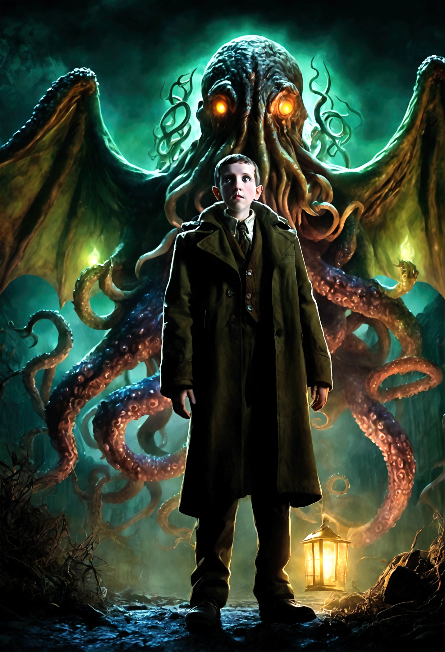 1 Junge, Cthulhu, Der Ruf von Cthulhu, eldritch horror, alter Gott, dunkle Fantasie, kosmischer Horror, Kreatur, monster, Tentakeln, wings, glühende Augen, detaillierte Anatomie, unsägliche Abscheulichkeit, alptraumhaft, verdrehte, grotesk, surreal, dunkle Farben, stimmungsvolle Beleuchtung, Filmkomposition, dramatischer Kamerawinkel, Chiaroscuro, dunkles Ambiente, schattige Tiefen, jenseitig, H.P. Lovecraft, 8k, highres, ultra-detailliert, Meisterwerk, beste Qualität, sehr ästhetisch, absurdesten