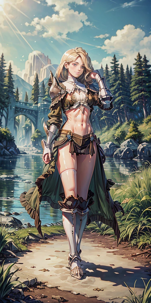 full body toe to head, masterpiece, 1soloMILF BIMBO standing pose, strong body, abs, shiny skin (masterpiece, best quality) 1girlsolo wearing rathalos armor (sunshine, sky, river, forest)