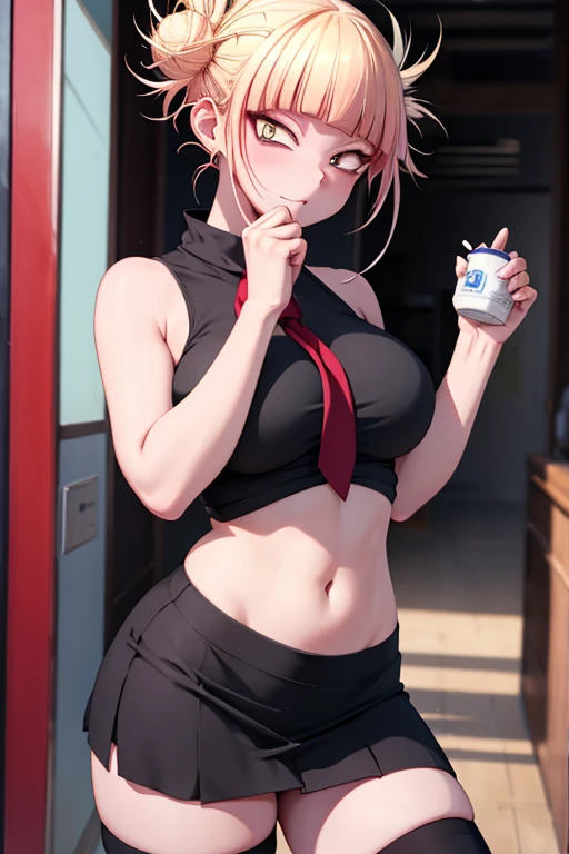 (\Toga Himiko)/,(\Personagem da série Boku no Hero Academia)/,(\Vestindo)/,+,(\Uma saia reta preta justa e sexy e uma blusa justa e rasgada mostrando o cofrinho de seus seios)