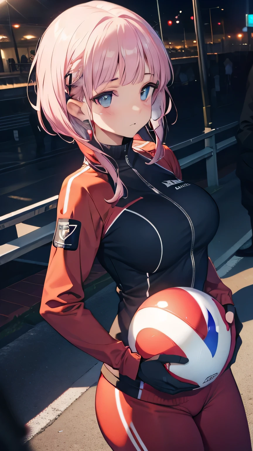 (Highly detailed CG Unity 8k wallpaper),(masterpiece), (highest quality), (Super detailed), (Best illustrations),(Best Shadow), Large Breasts　Pink gradient hair　Beautiful eyes　background（gym,crowd ） Gym suit　Have the ball