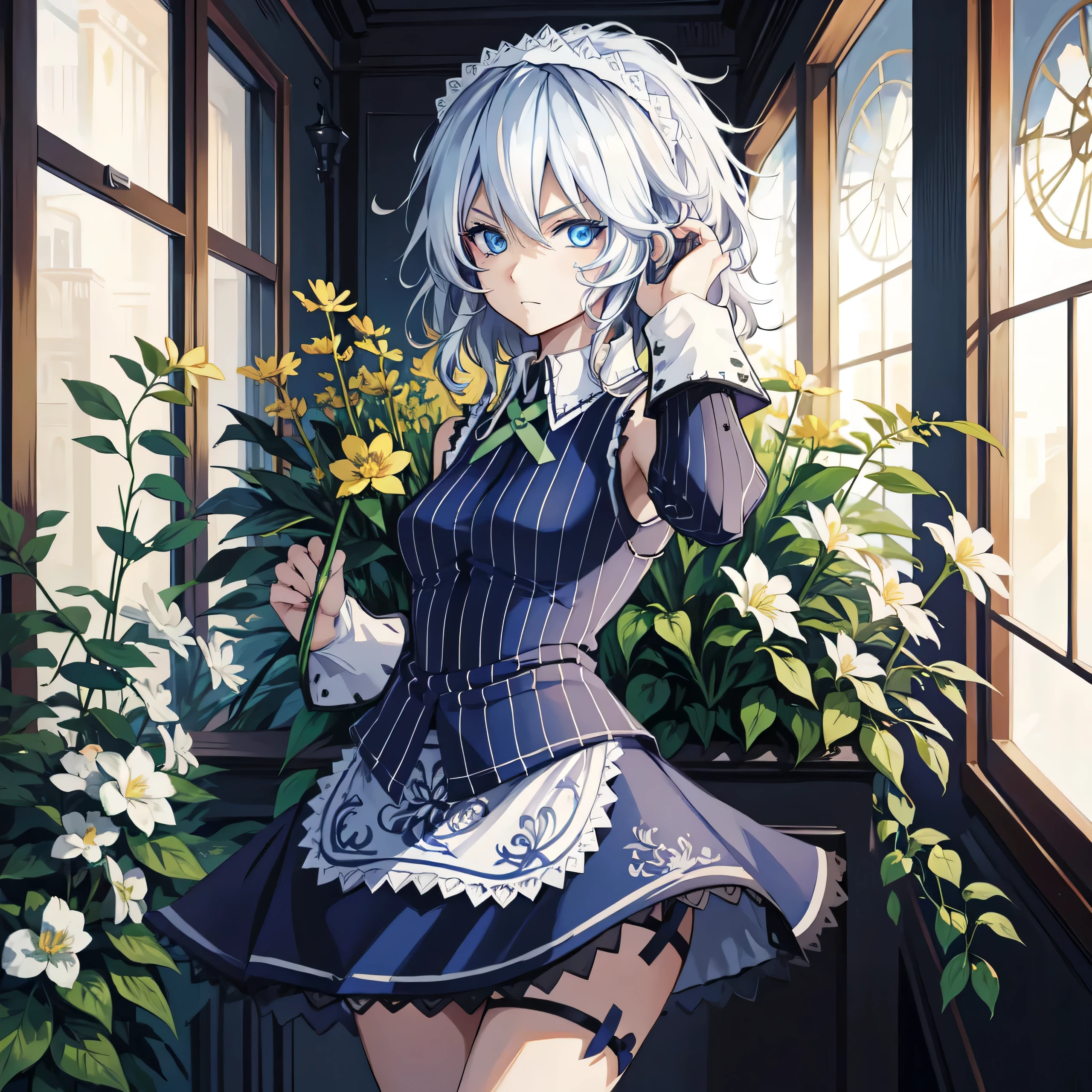 Treffen Sie ein charmantes Mädchen im Anime-Stil, geschmückt mit einer zarten Blume,, [[Privat:5.2]], 1 Mädchen, Allein, , Sakuya Izayoi, silbernes Haar, Dienstmädchen Kleid, Weiße Schürze, sehr kurzer Rock, sexy Pose,, ärmelloses Outfit, Detailliertes Gesicht, Detaillierte Augen, frische blaue Augen, große grüne Bänder, blaues Outfit, kleine bis mittelgroße Brüste, weißes Haar, Fliege Mädchen, weißes Dienstmädchen-Stirnband,