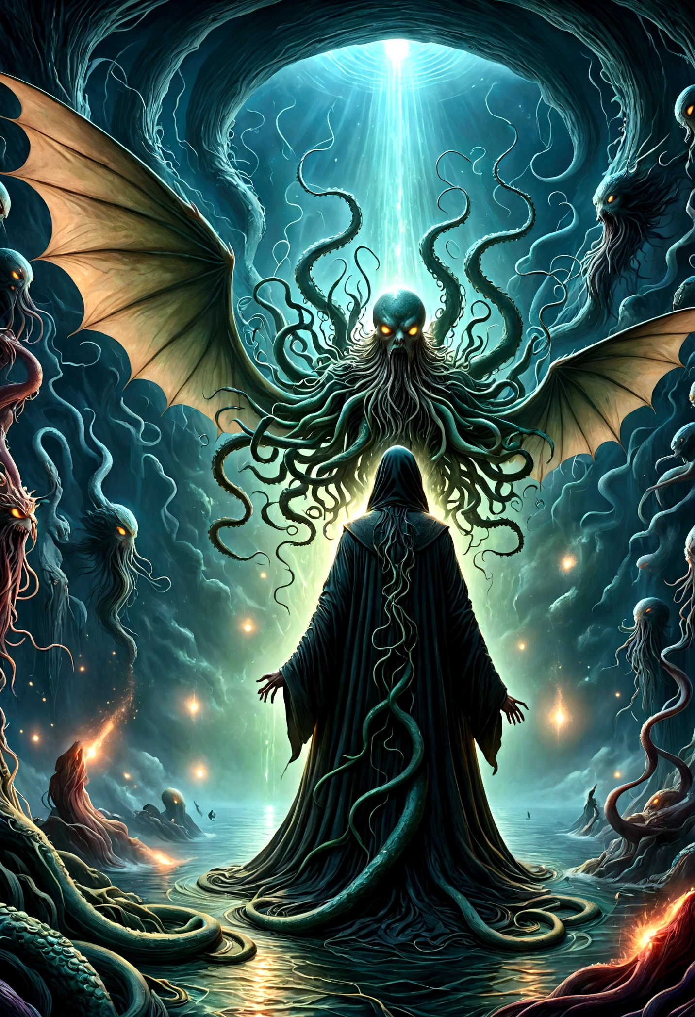 a terrifying ancient eldritch entity, cthulhu mythos, cosmic horror, long tentacles, wings, divine and demonic form, cloak, contrast, relativity, quantum mechanics, abyss, nightmarish existence, insane, bizarre, (best quality,4k,8k,highres,masterpiece:1.2),ultra-detailed,(realistic,photorealistic,photo-realistic:1.37),dark moody atmosphere, cinematic lighting, dramatic shadows, muted colors, chiaroscuro