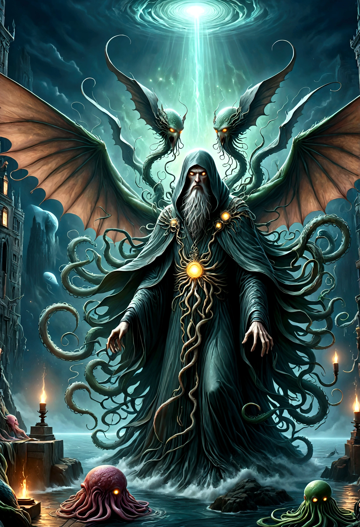 a terrifying ancient eldritch entity, cthulhu mythos, cosmic horror, long tentacles, wings, divine and demonic form, cloak, contrast, relativity, quantum mechanics, abyss, nightmarish existence, insane, bizarre, (best quality,4k,8k,highres,masterpiece:1.2),ultra-detailed,(realistic,photorealistic,photo-realistic:1.37),dark moody atmosphere, cinematic lighting, dramatic shadows, muted colors, chiaroscuro