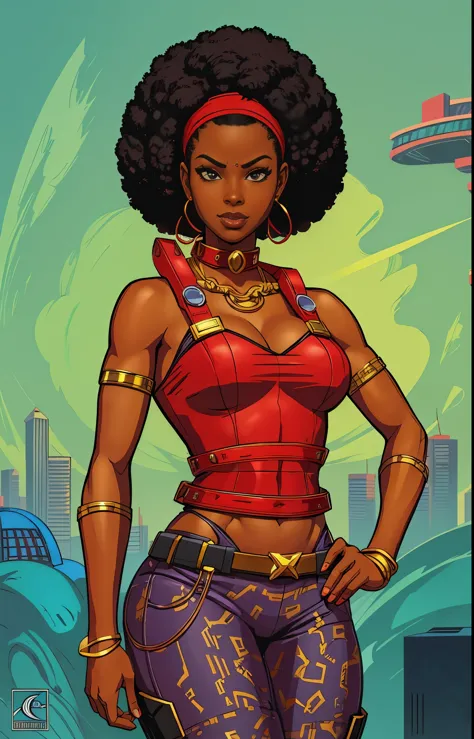 a cartoon of a woman with a red top and a red headband, female lead character, nerdy black girl super hero, 90s comic book chara...