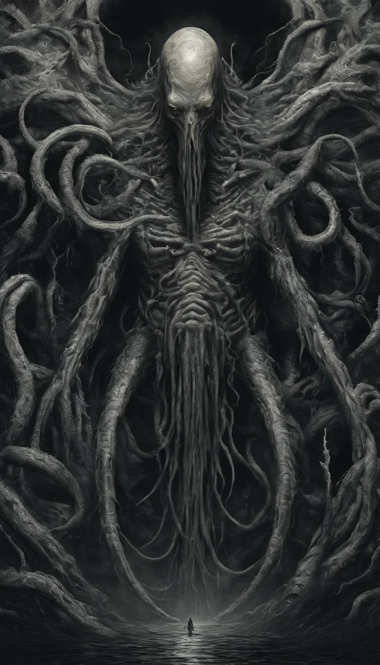 cthulhu, ancient one, full body, lovecraft, dark fantasy, eldritch horror, cosmic horror, mythical creature, dark and moody, dramatic lighting, cinematic composition, realistic, highly detailed, 8k, intricate details, otherworldly, surreal, chiaroscuro, moody atmosphere, dramatic pose, tentacles, glowing eyes, alien, eldritch, sinister, intimidating, awe-inspiring