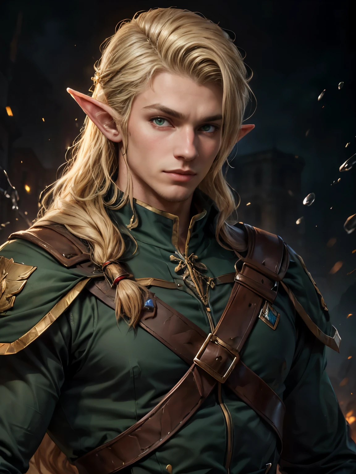 (masterpiece), best quality, high quality, (1male), adult male elf, pointy ears, handsome, blonde hair, long hair, green eyes, military clothes, looking at viewer, upper body, splash art, rpg, intrincate,