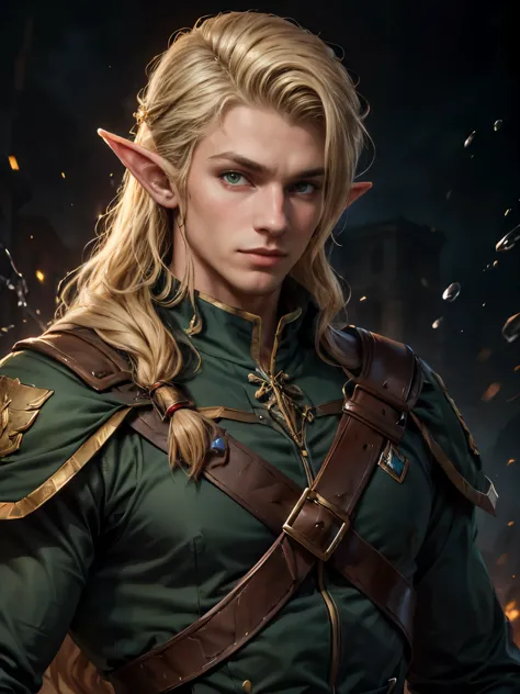 (masterpiece), best quality, high quality, (1male), adult male elf, pointy ears, handsome, blonde hair, long hair, green eyes, m...