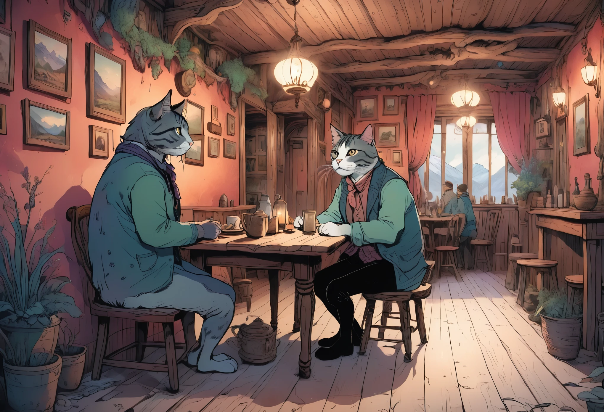 a monstrous mountain cat, owner's remote western-style restaurant in the mountains, two young gentlemen stumble in, fairy tale "the restaurant with many orders", intricate details, masterful painting, highly detailed, photorealistic, 8k, best quality, dramatic lighting, moody atmosphere, warm tones, cozy interior, wooden furniture, glowing fireplace, delicate textures, ornate decor, mystical, whimsical, fantasy