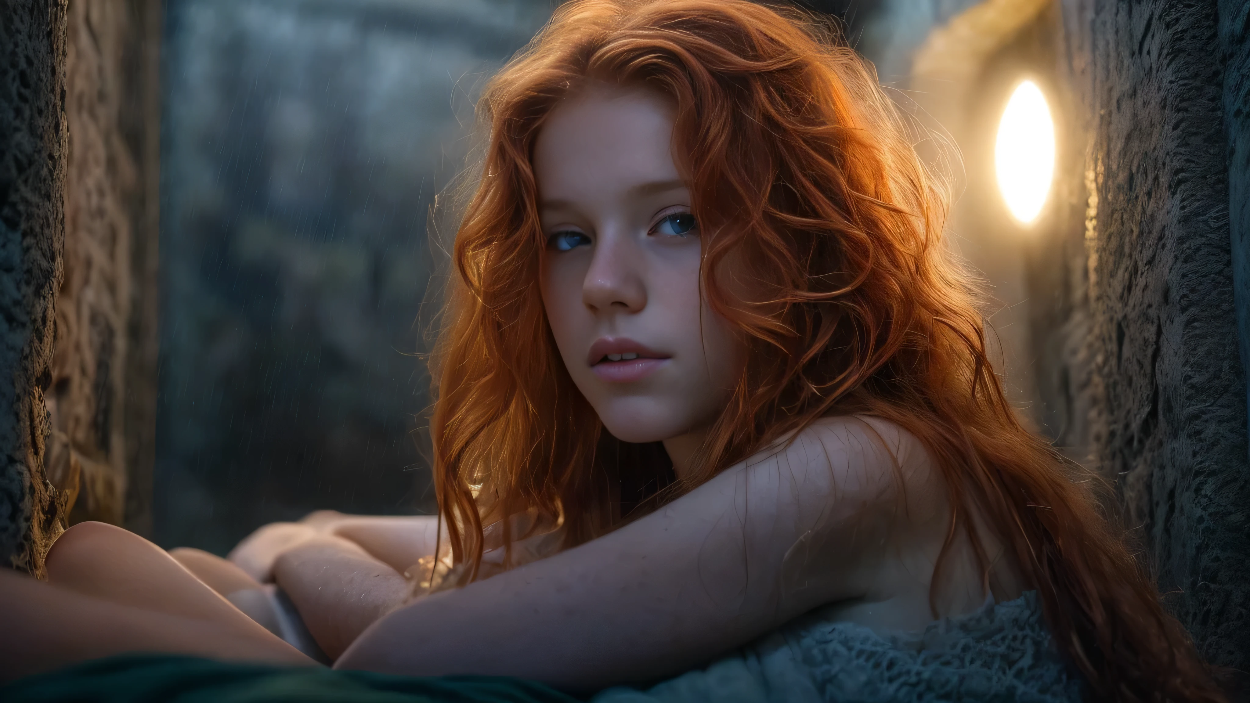 A close up of a woman with red hair laying on a bed - SeaArt AI